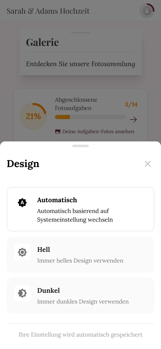 Dialog Design mit den drei Möglichkeiten Automatisch, Hell und Dunkel