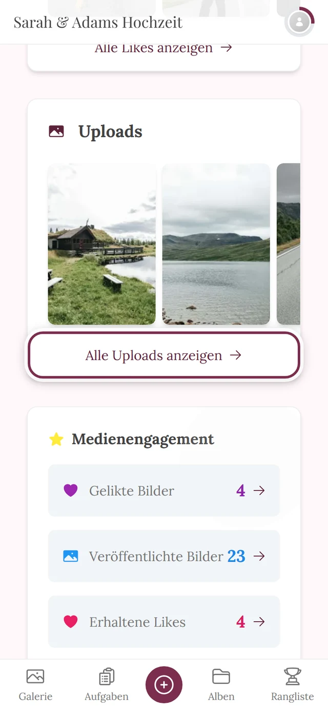 Profilseite, Abschnitt Uploads mit markiertem Link Alle Uploads anzeigen