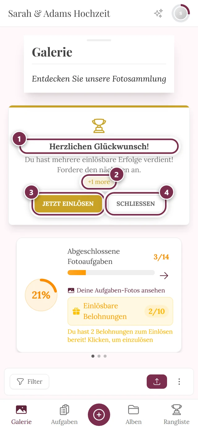 Belohnungs-Banner über der Galerie mit vier Markierungen