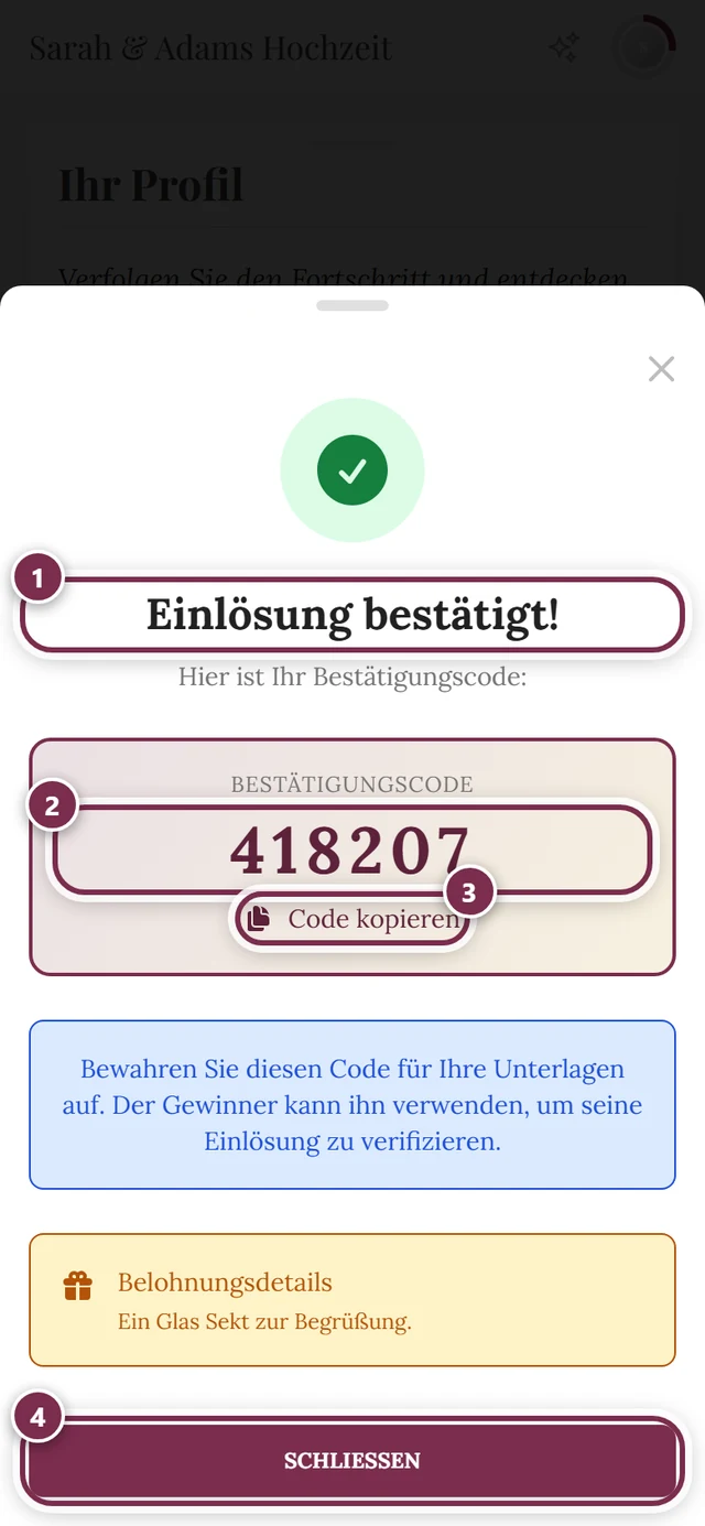 Erfolgs-Dialog mit sechsstelligem Bestätigungscode und vier Markierungen