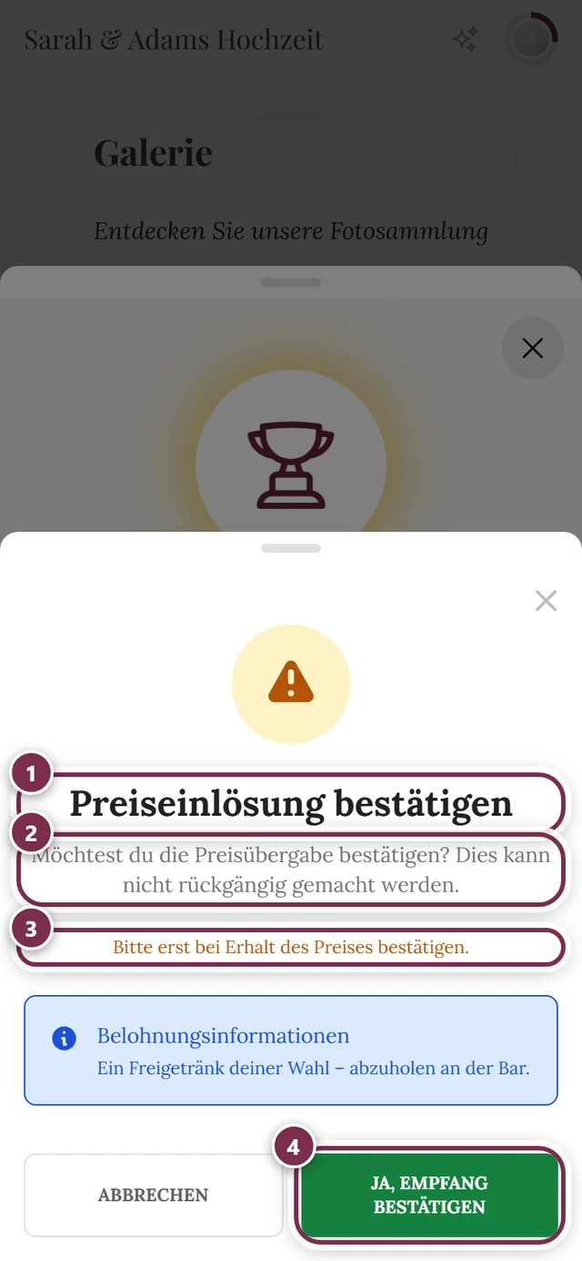 Warn-Dialog „Preiseinlösung bestätigen“ mit vier Markierungen