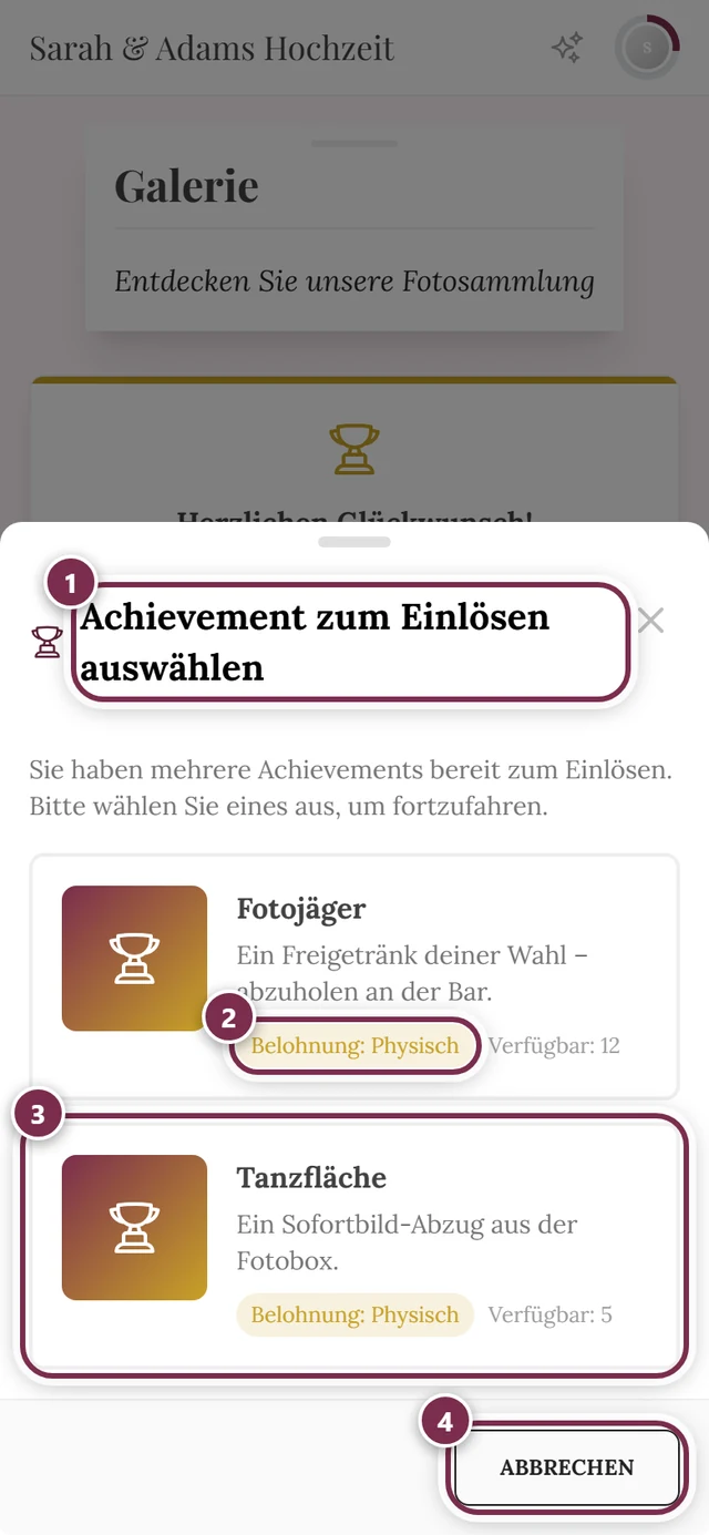 Auswahl-Dialog mit zwei Belohnungskarten und vier Markierungen