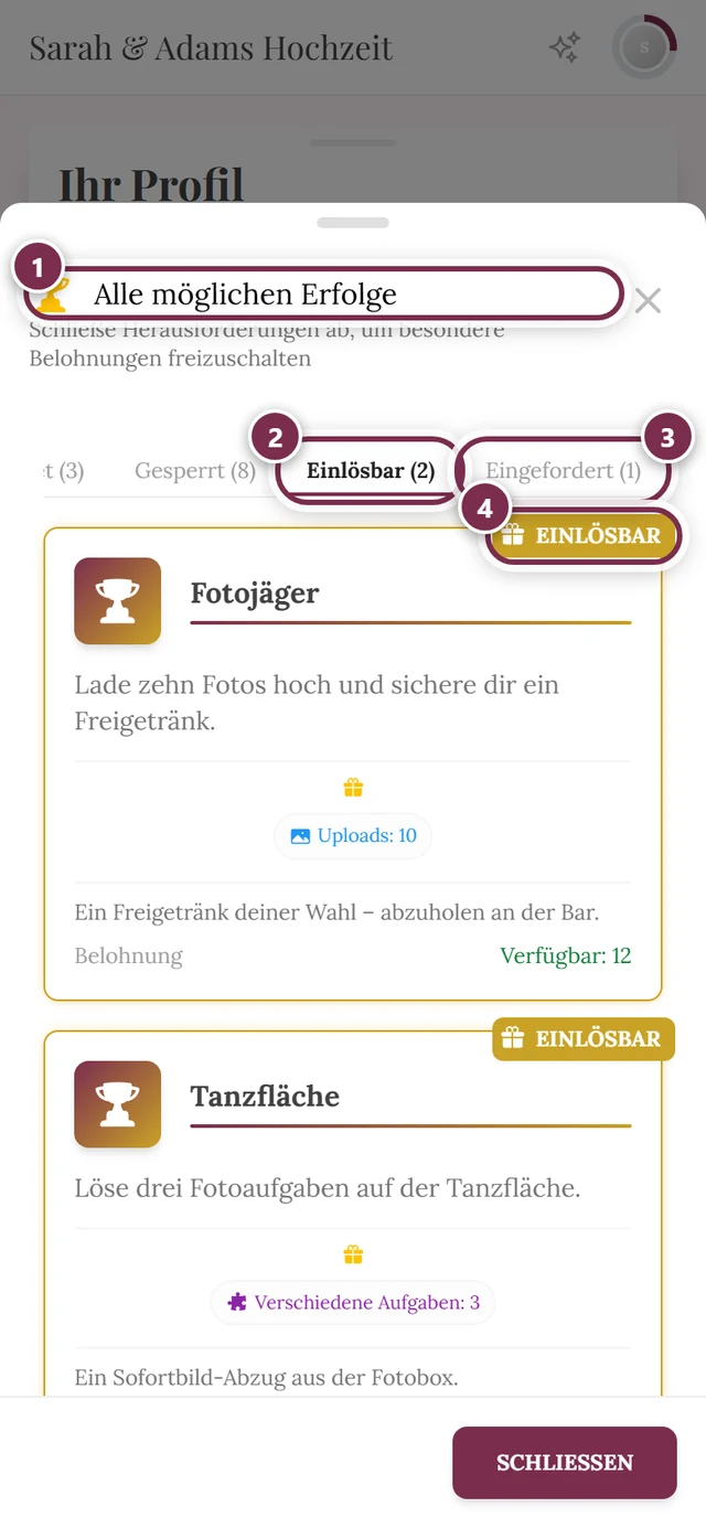 Erfolgs-Dialog mit den Reitern Alle, Freigeschaltet, Gesperrt, Einlösbar und Eingefordert