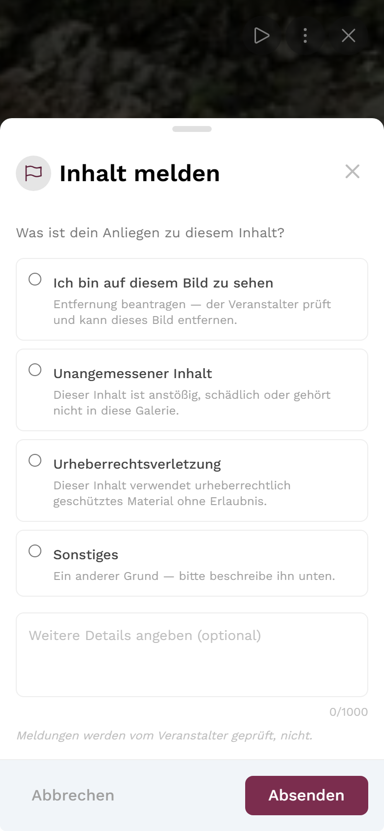 Melde-Dialog mit Auswahl der Gründe