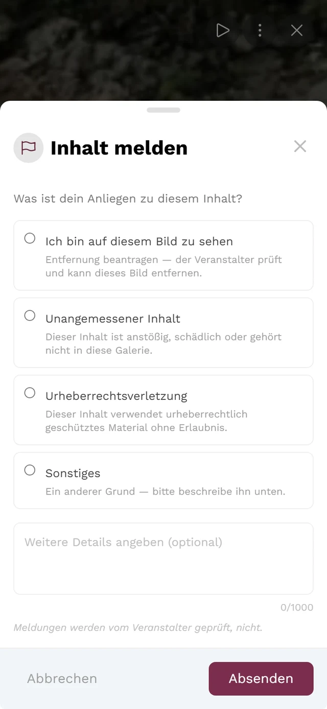 Melde-Dialog mit Auswahl der Gründe