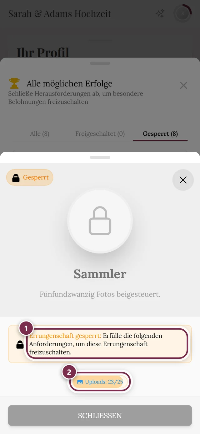 Dialog eines gesperrten Erfolgs mit rot markierter Infobox und rot markierter Anforderungsliste