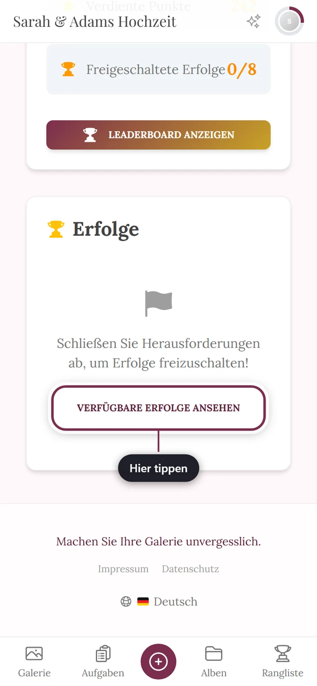 Erfolgs-Sektion im Profil mit rot markiertem Knopf Verfügbare Erfolge ansehen