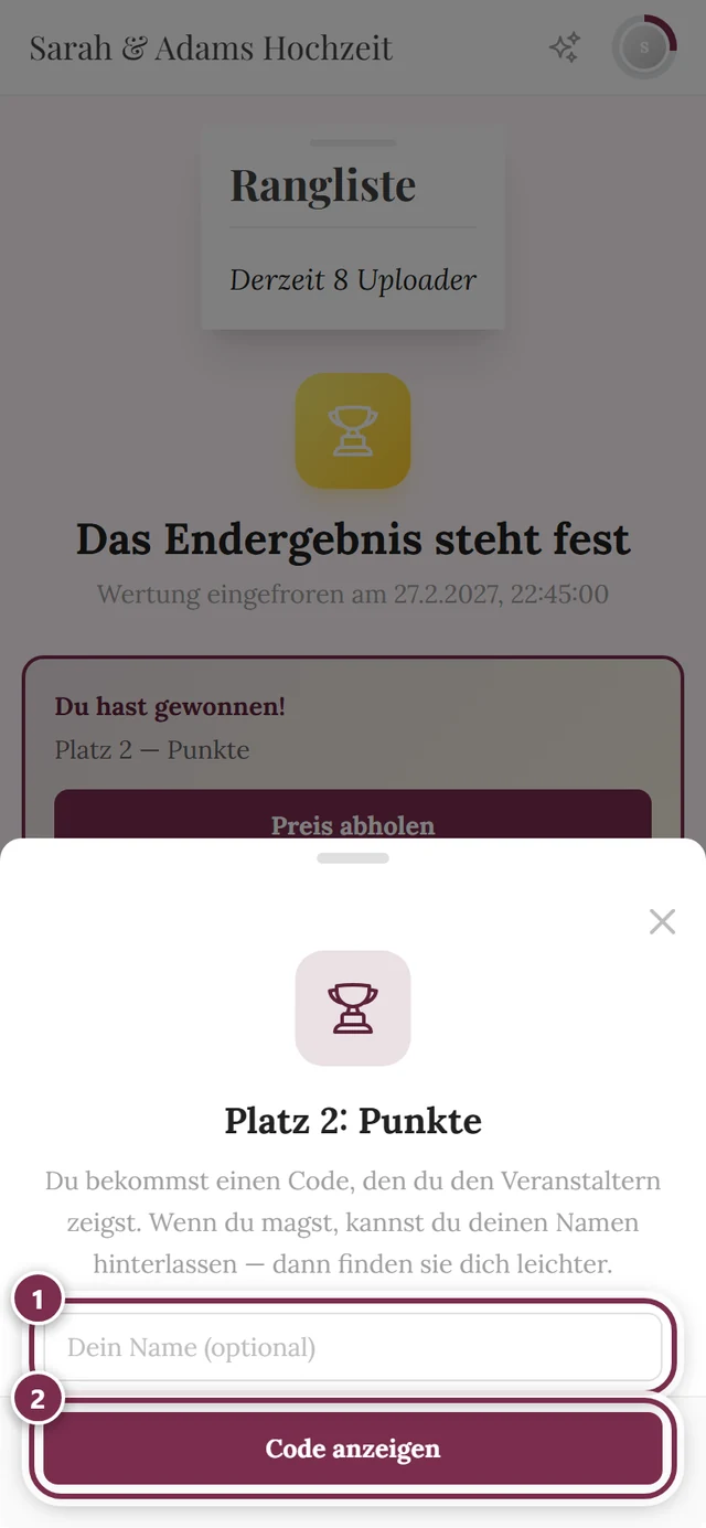Fenster Platz 2 Punkte mit dem Namensfeld und dem Knopf Code anzeigen