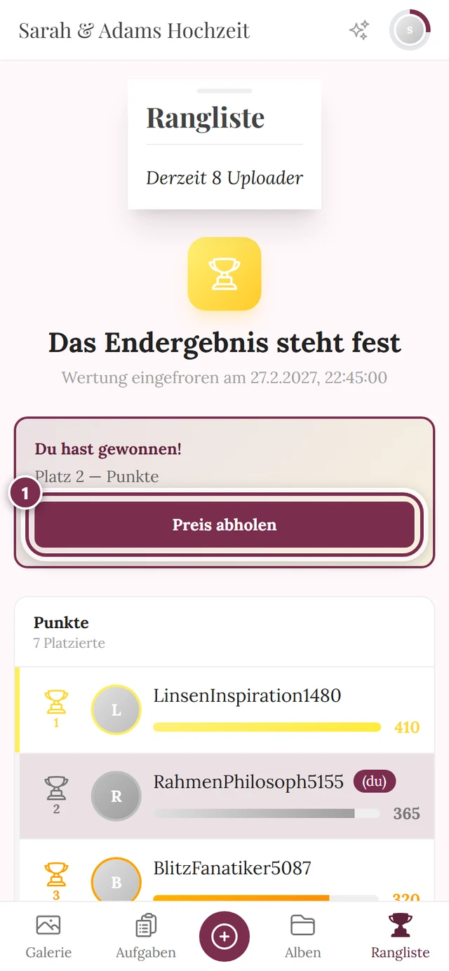 Karte Du hast gewonnen mit der Platzierung und dem Knopf Preis abholen