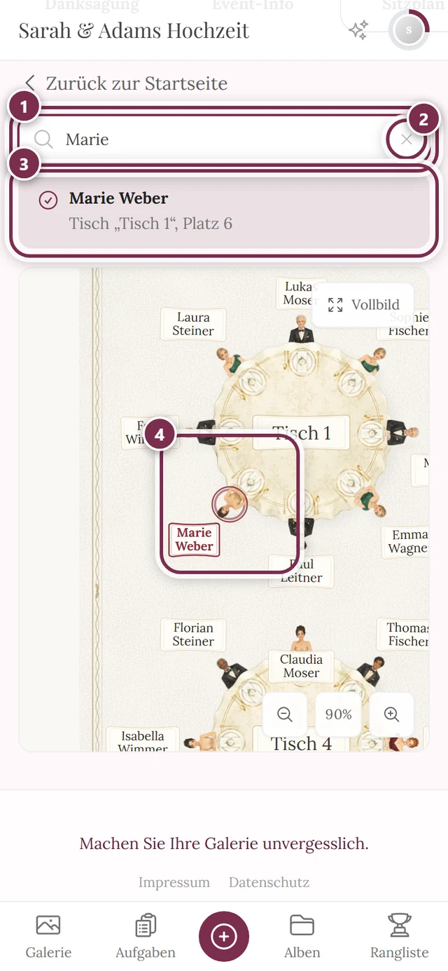 Sitzplan-Suche mit dem Treffer Marie Weber und Tisch 1, Platz 6