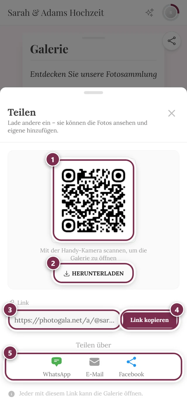 Teilen-Dialog mit QR-Code, Herunterladen-Knopf, Link-Feld, Link kopieren und den Direkt-Buttons
