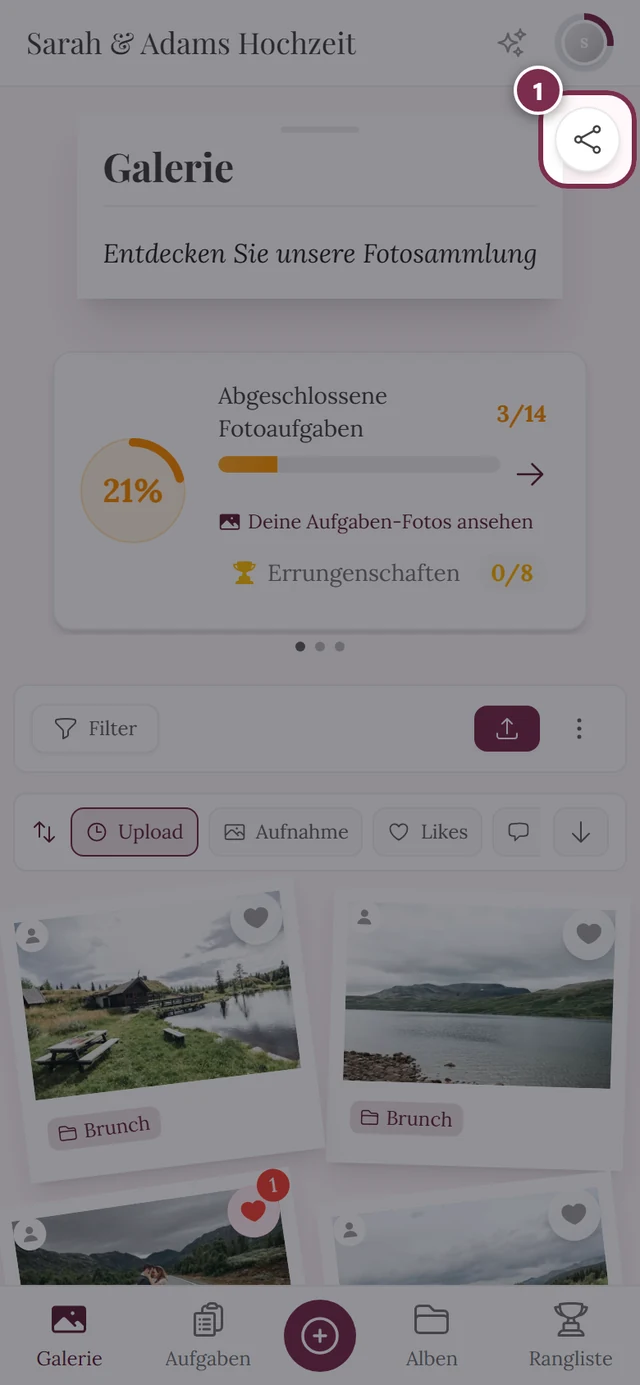 Galerie mit dem hervorgehobenen runden Teilen-Symbol oben rechts