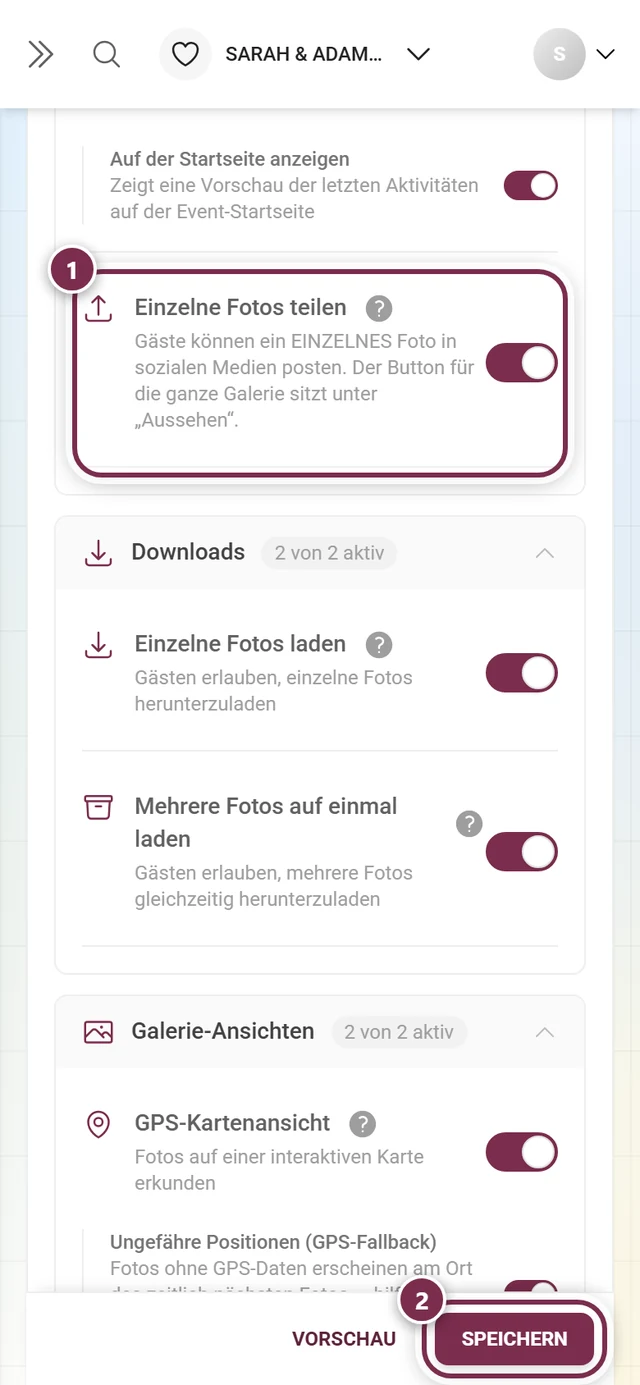 Reiter Funktionen der Galerie mit dem hervorgehobenen Schalter Einzelne Fotos teilen