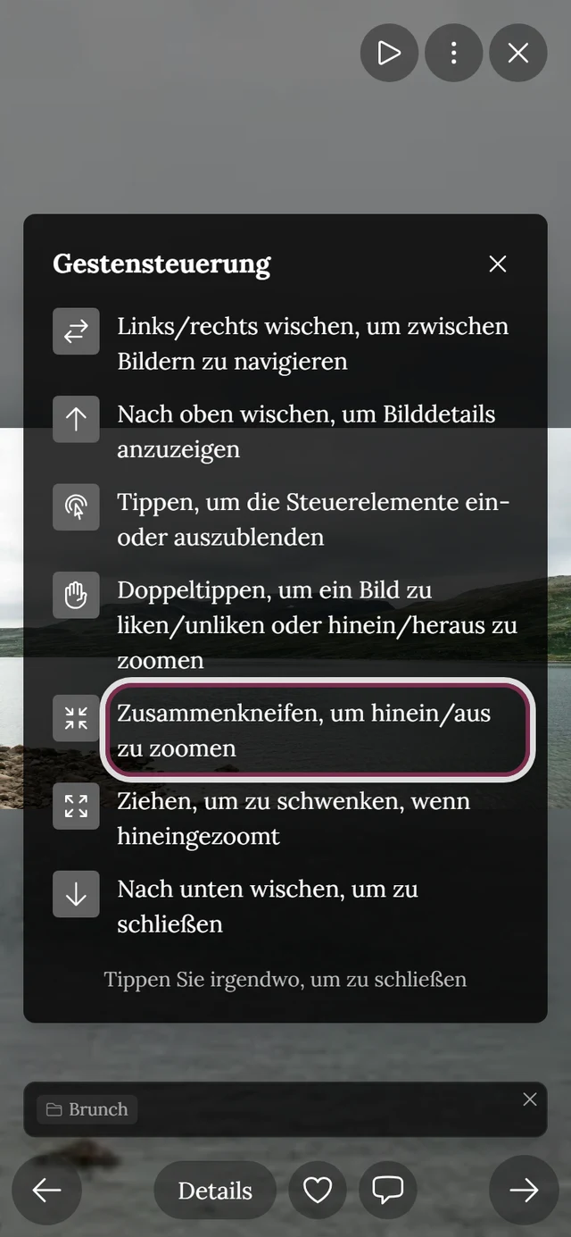 Eingeblendete Gestensteuerung im Vollbild, die Zeile zum Zusammenkneifen ist markiert
