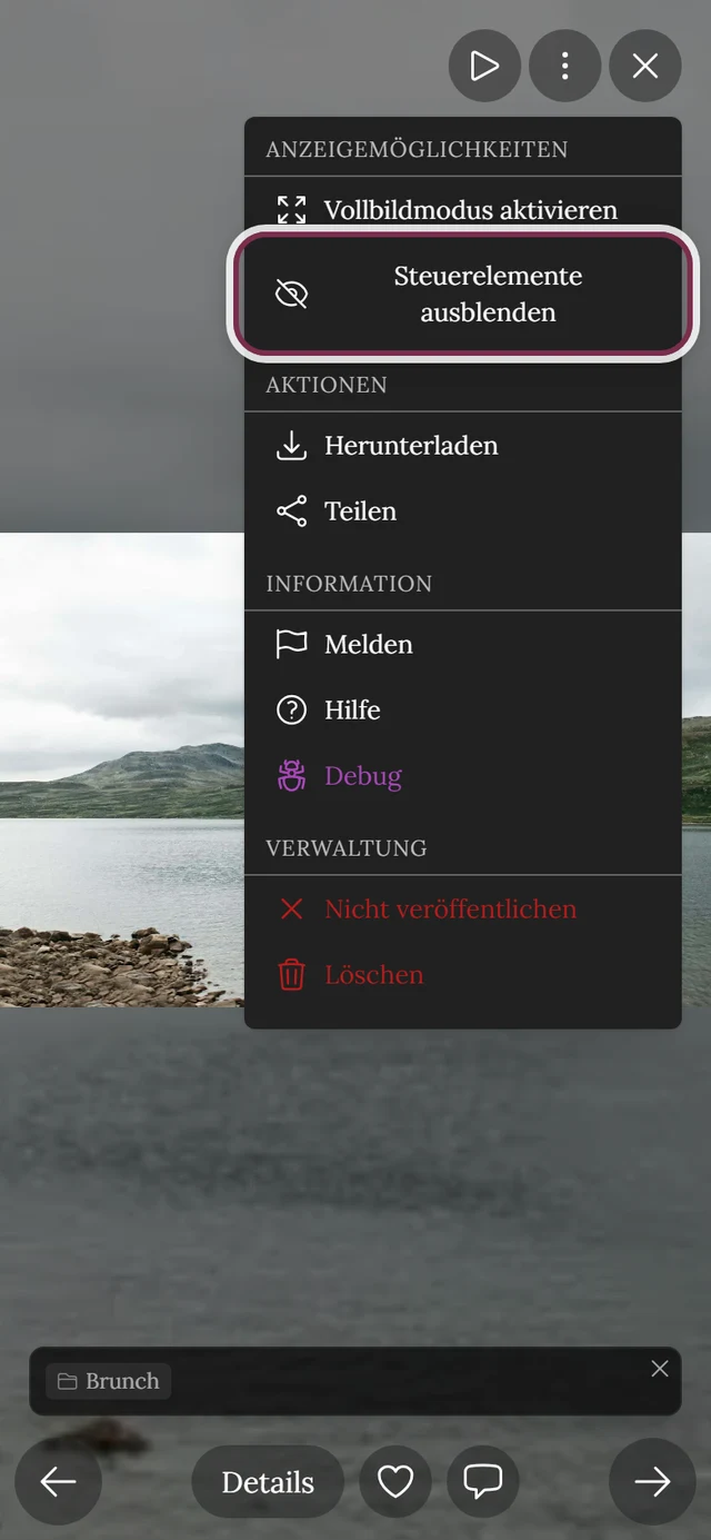 Geöffnetes Drei-Punkte-Menü der Vollbildansicht mit markiertem Eintrag Steuerelemente ausblenden