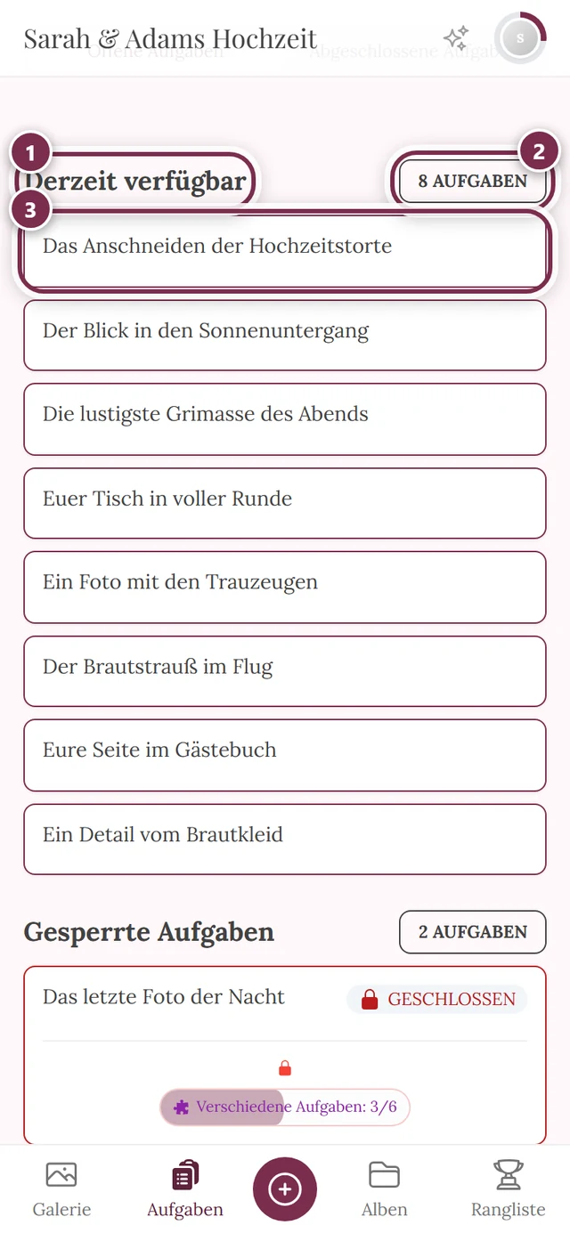 Abschnitt Derzeit verfügbar mit drei Markierungen: Überschrift, Zähler, erste Aufgabenkarte