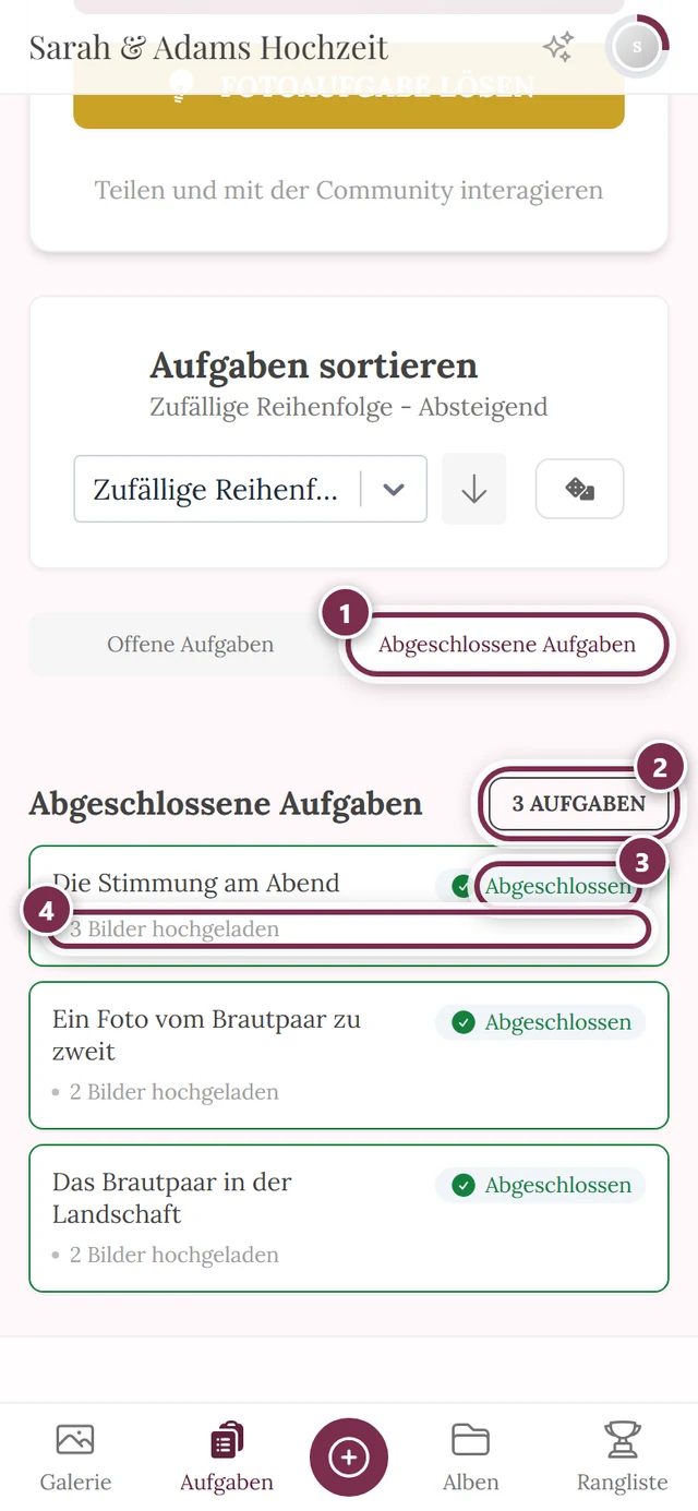 Reiter Abgeschlossene Aufgaben mit vier Markierungen: aktiver Reiter, Zähler, Kennzeichen Abgeschlossen, Zahl der eigenen Bilder