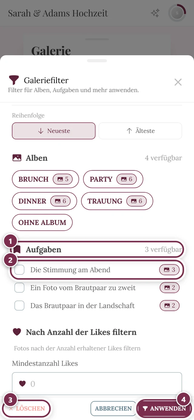 Dialog Galeriefilter mit vier Markierungen: Abschnittskopf Aufgaben, erstes Kästchen, Löschen, Anwenden