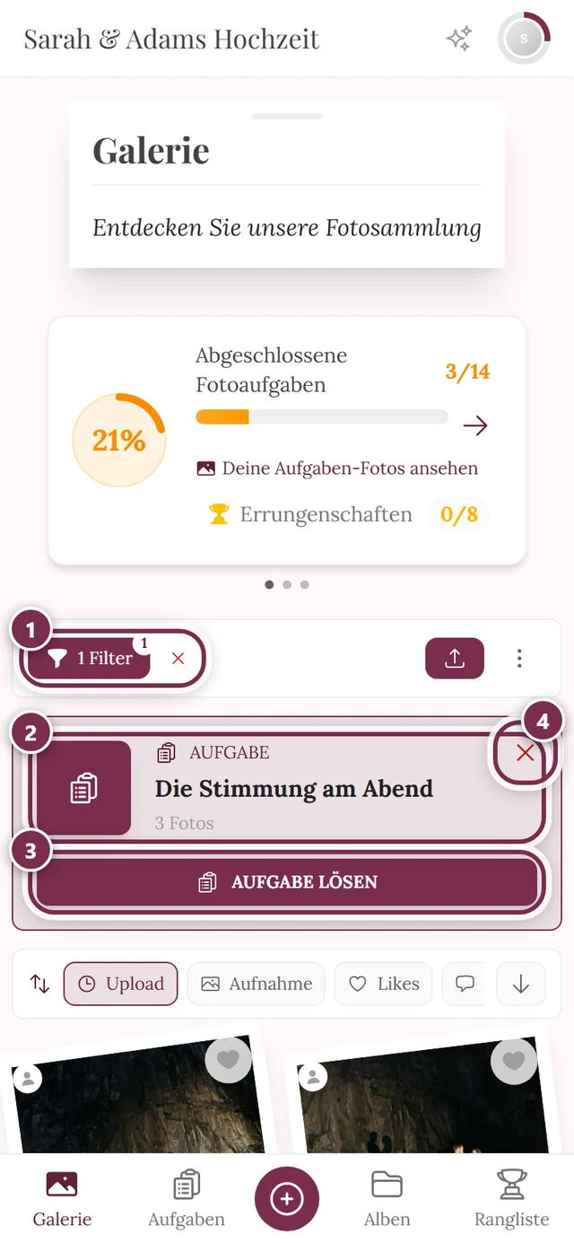Galerie gefiltert auf eine Aufgabe mit vier Markierungen: Filter-Chip, Aufgaben-Kopf, Button Aufgabe lösen, X zum Entfernen