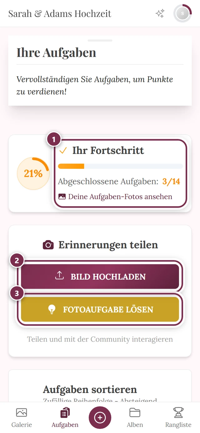 Aufgabenseite mit drei Markierungen: Fortschritt, Bild hochladen, Fotoaufgabe lösen
