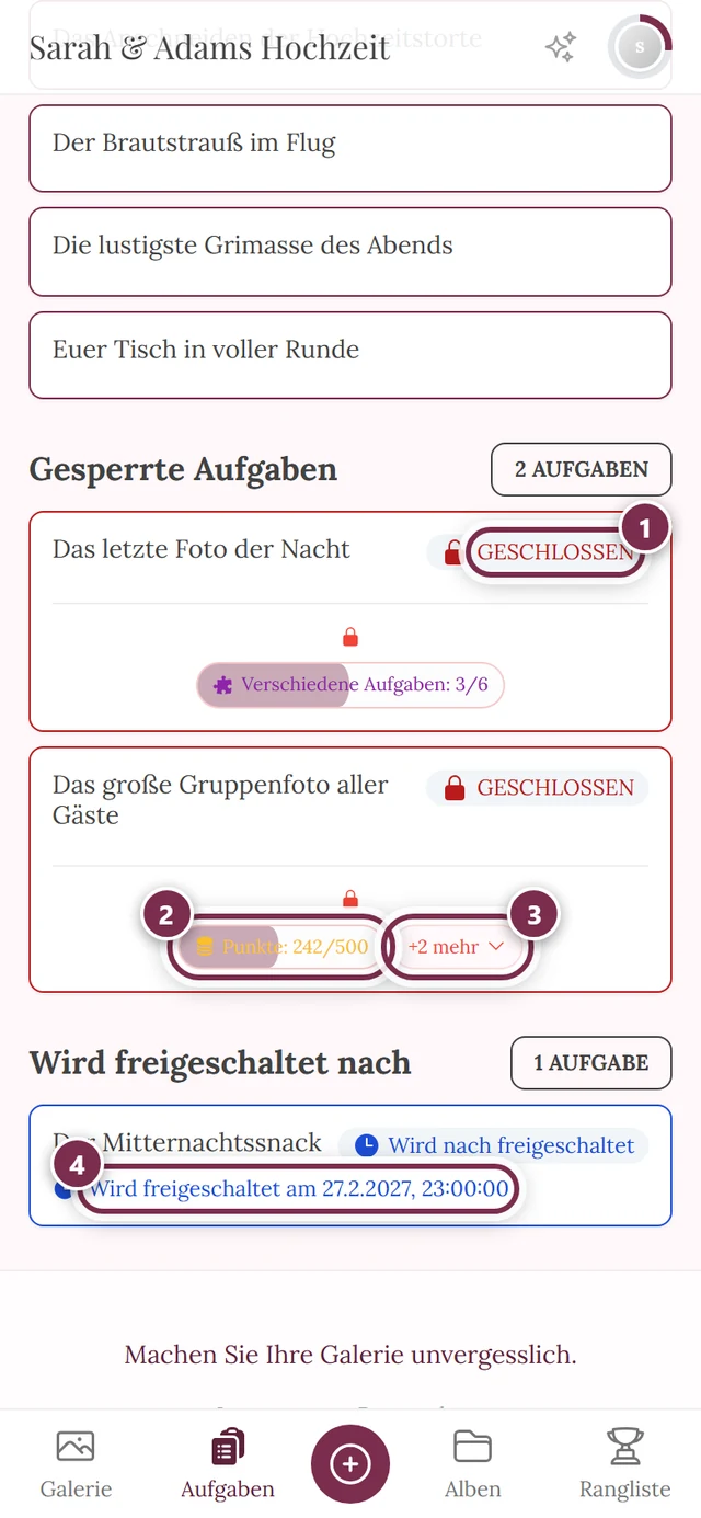 Gesperrte Aufgaben mit vier Markierungen: Kennzeichen GESCHLOSSEN, Bedingungs-Chip, Chip mit weiteren Bedingungen, Datumszeile
