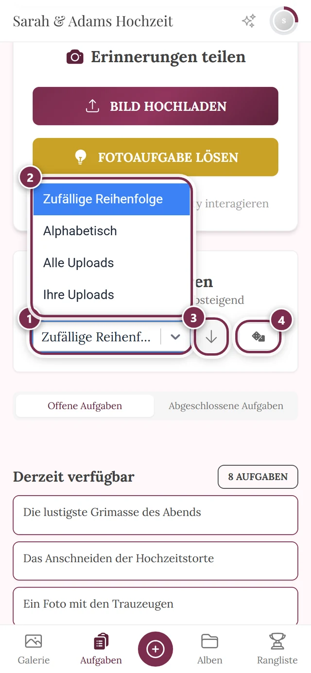 Geöffnetes Sortier-Auswahlfeld mit vier Markierungen: Auswahlfeld, Optionsliste, Richtungspfeil, Neu mischen