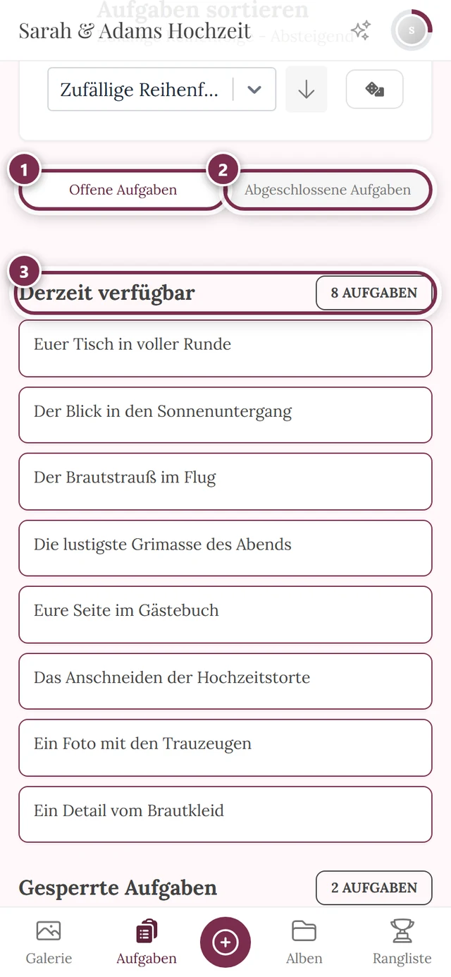 Aufgaben-Seite mit drei Markierungen: Reiter Offene Aufgaben, Reiter Abgeschlossene Aufgaben, Kopfzeile des ersten Abschnitts