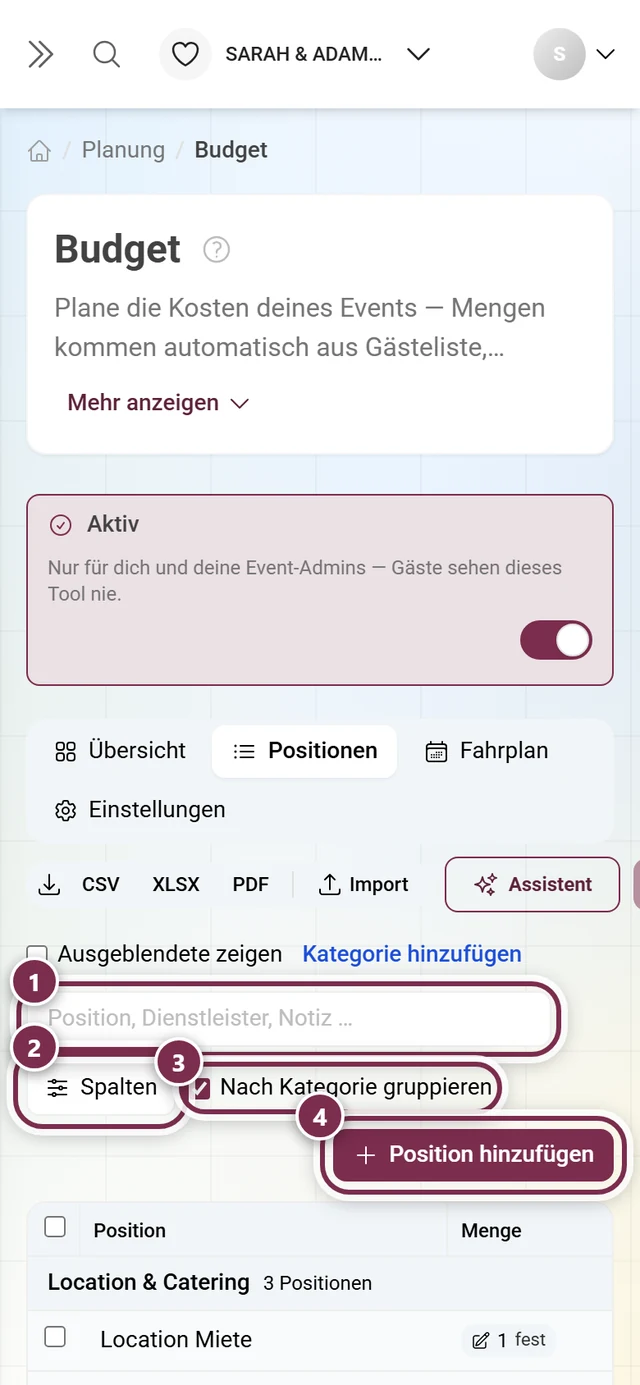 Werkzeugzeile über der Positionstabelle mit Suche, Spalten, Gruppierung und Position hinzufügen