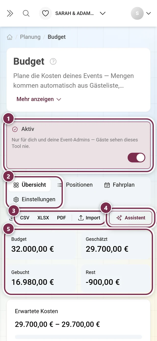 Budget-Kopf mit Aktiv-Schalter, den vier Bereichen, Export, Assistent und den vier Kennzahlen
