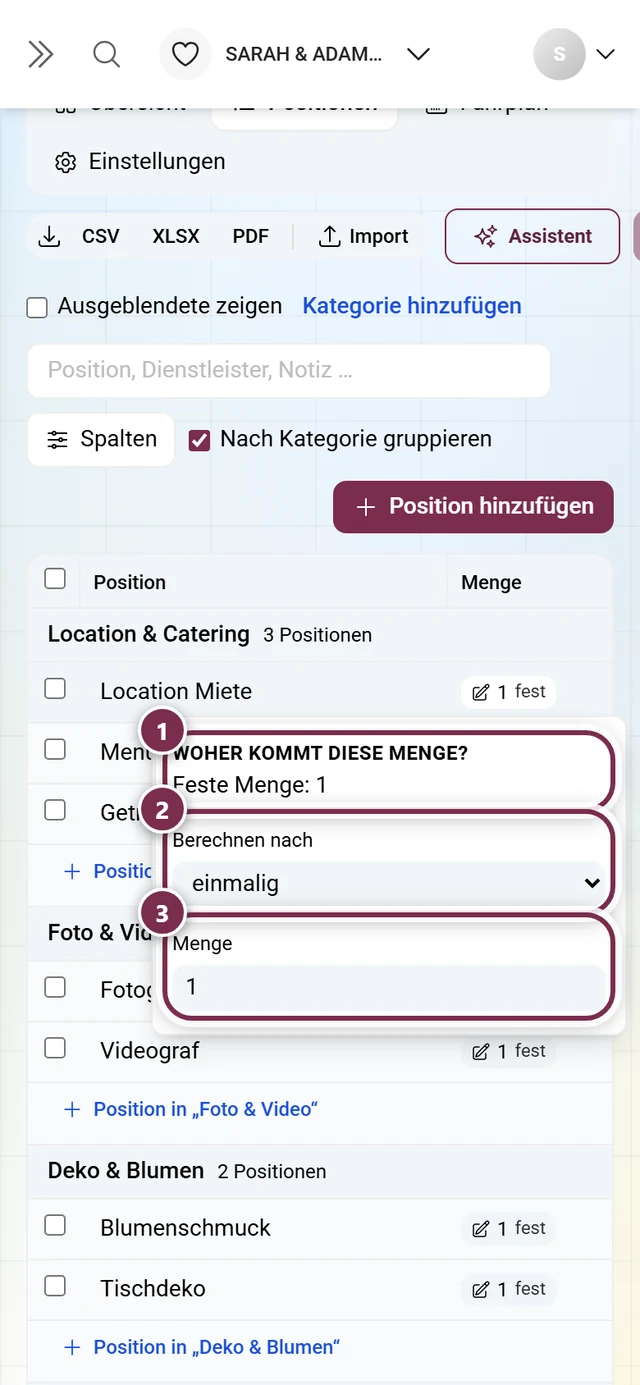 Aufgeklapptes Mengen-Menü mit Erklärung, Treiberauswahl und Mengenfeld