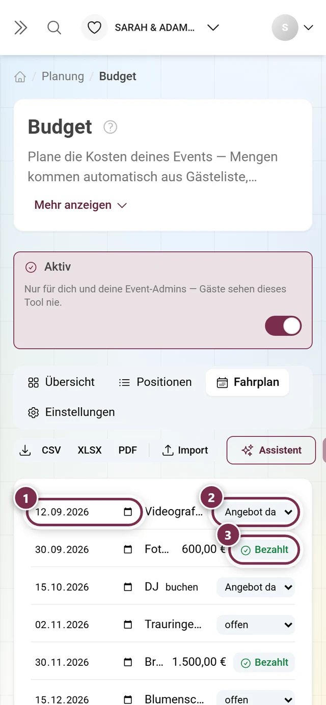 Fahrplan mit Frist, Status einer Buchung und dem Knopf Bezahlt bei einer Rate