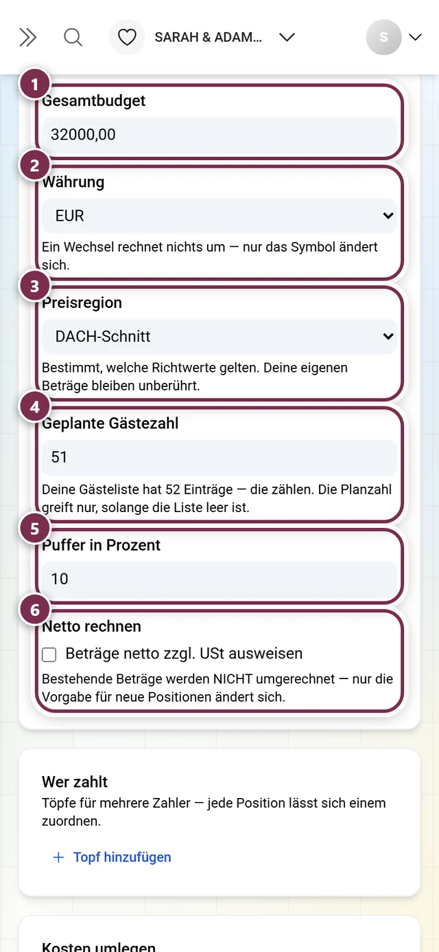 Einstellungen des Budgets mit Gesamtbudget, Währung, Preisregion, Gästezahl, Puffer und Netto-Schalter