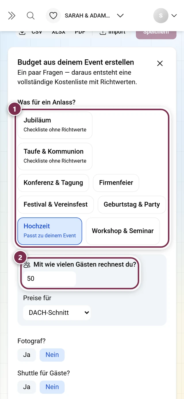 Assistent mit den Anlass-Kacheln und der Frage nach der Gästezahl