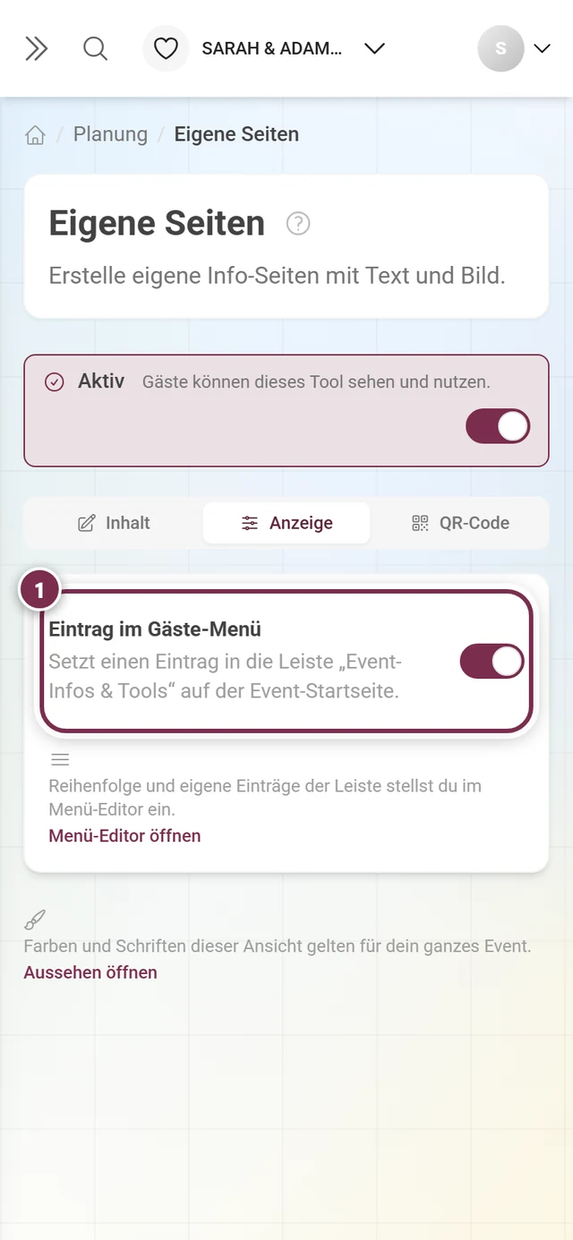 Reiter Anzeige der Eigenen Seiten mit dem markierten Schalter Eintrag im Gäste-Menü