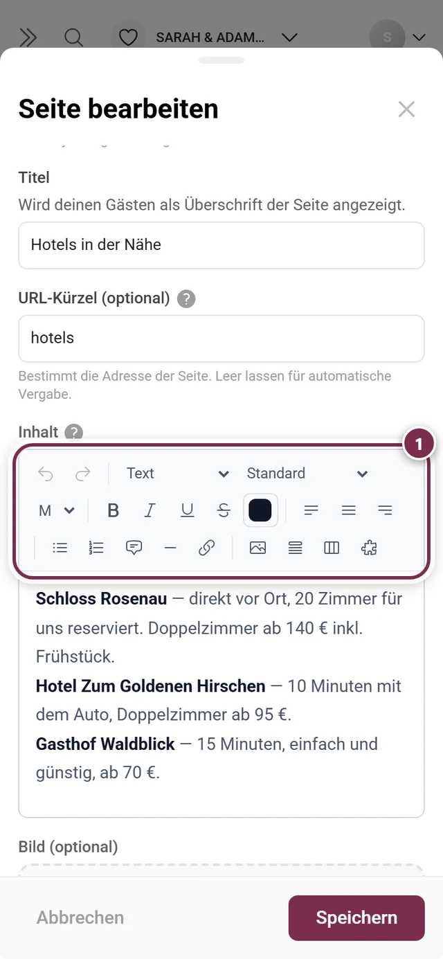 Seiten-Dialog mit markierter Werkzeugleiste des Rich-Text-Editors
