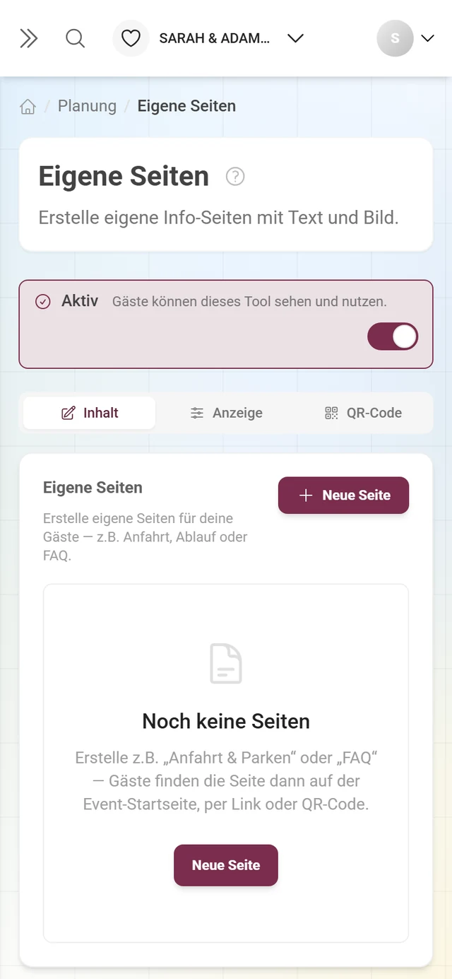 Leerzustand der Eigenen Seiten mit dem Hinweis Noch keine Seiten und dem Knopf Neue Seite