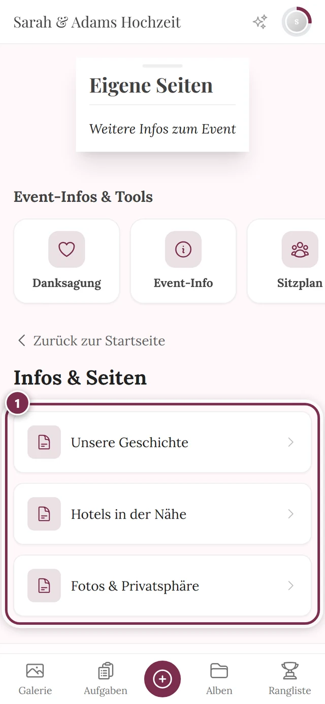 Sammelseite Infos und Seiten in der Gästesicht mit drei Einträgen