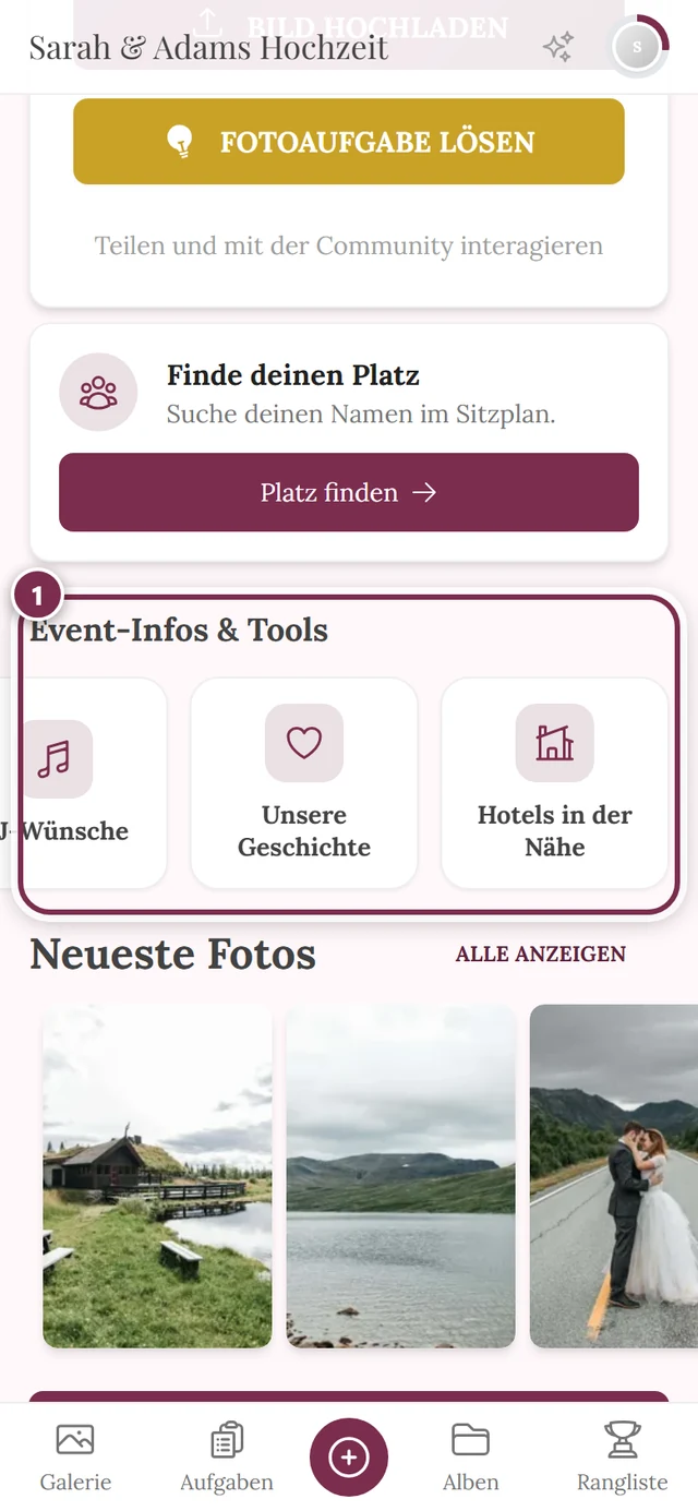Leiste Event-Infos und Tools auf der Gäste-Startseite mit markiertem Kärtchen einer eigenen Seite
