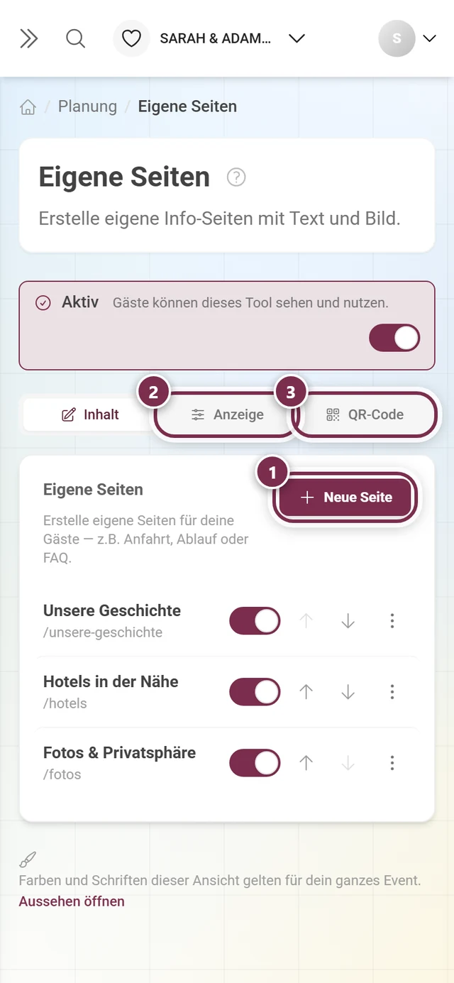Kopfbereich der Eigenen Seiten mit markiertem Knopf Neue Seite und den Reitern Anzeige und QR-Code