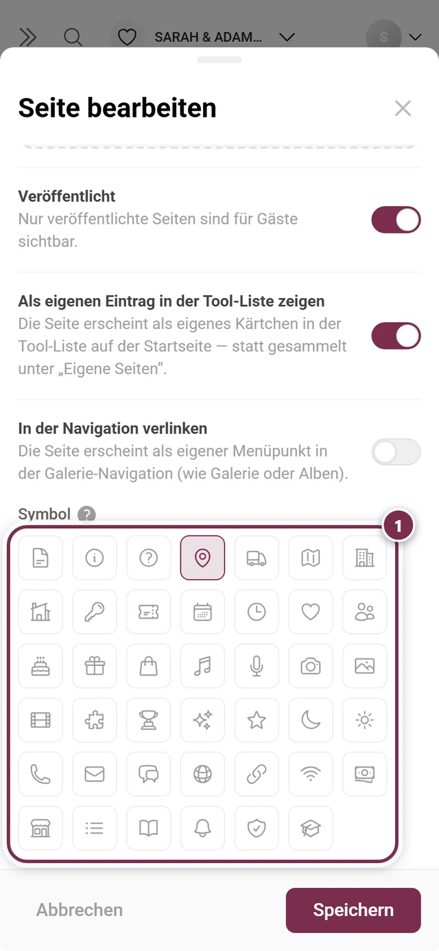 Symbolauswahl im Seiten-Dialog mit einundvierzig Symbolen, das Kartensymbol ist ausgewählt