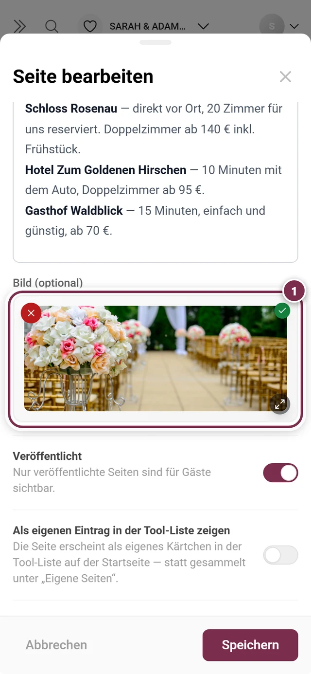 Seiten-Dialog mit markiertem Bildbereich und ausgewähltem Beispielfoto