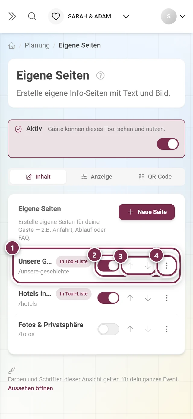 Liste mit drei eigenen Seiten, markiert sind eine Zeile, der Veröffentlicht-Schalter, die Pfeile und das Drei-Punkte-Menü