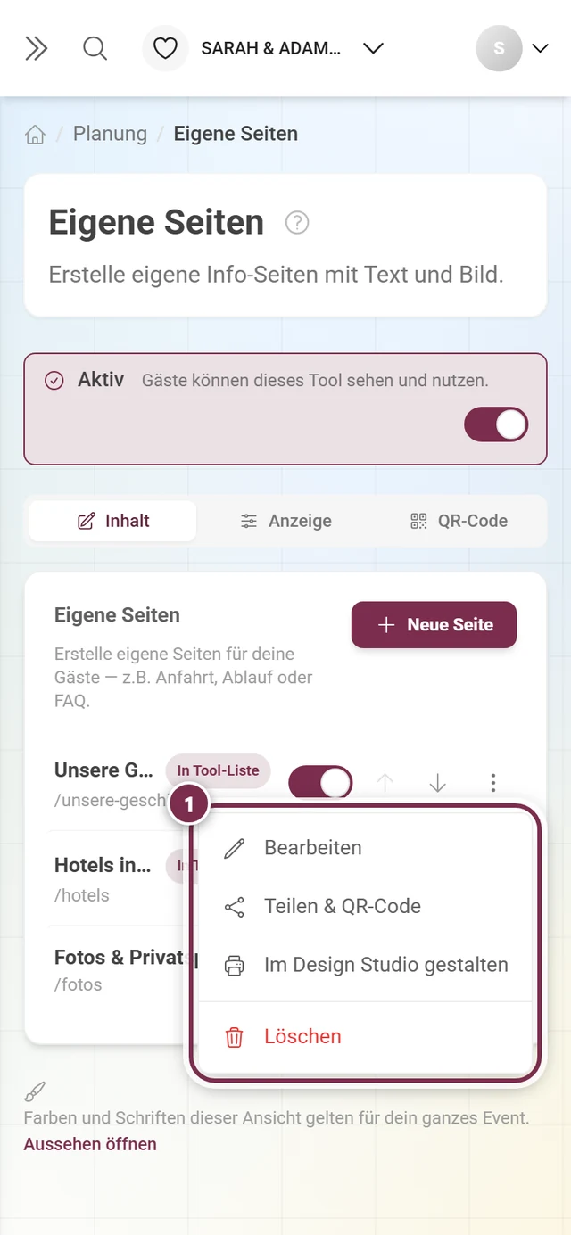 Geöffnetes Drei-Punkte-Menü einer Seite mit vier Einträgen