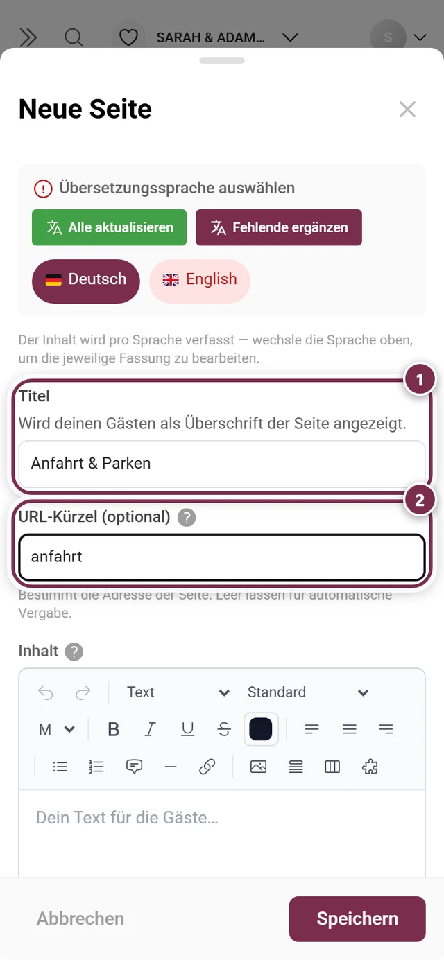 Dialog Neue Seite mit ausgefülltem Titel Anfahrt und Parken und dem URL-Kürzel anfahrt