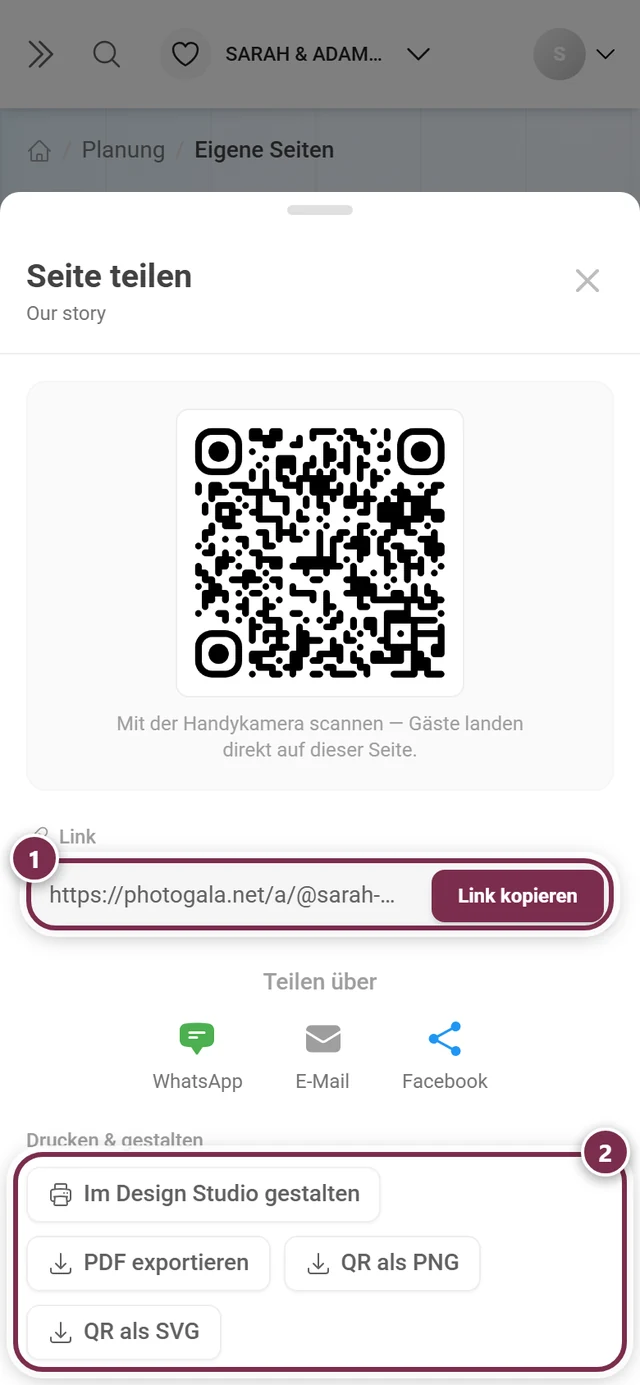 Teilen-Dialog einer eigenen Seite mit markierter Linkzeile und den vier Druck- und Design-Knöpfen