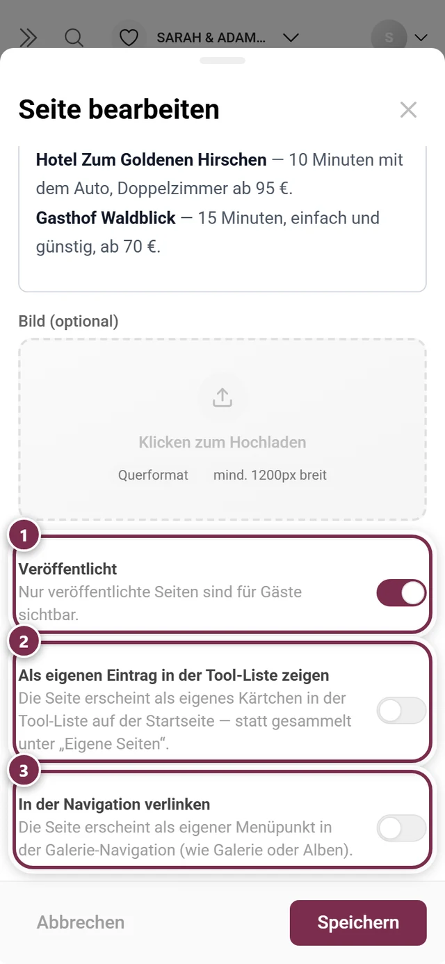 Die drei Schalter des Seiten-Dialogs, alle einzeln markiert