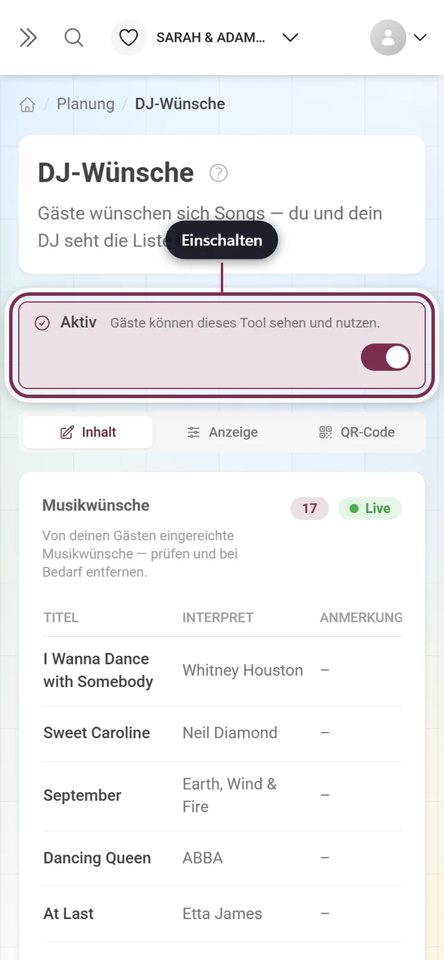 DJ-Wünsche-Editor mit hervorgehobenem Master-Schalter