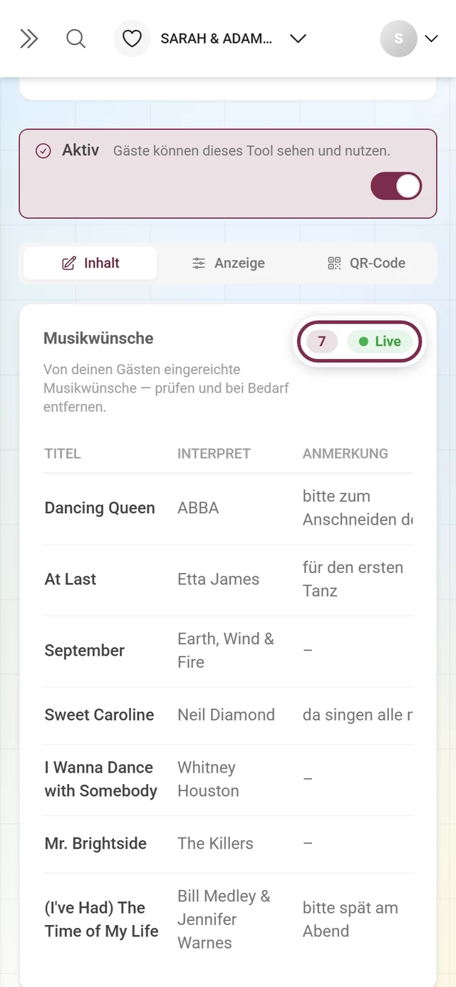 Überschrift Musikwünsche mit hervorgehobener Gesamtzahl und Live-Chip