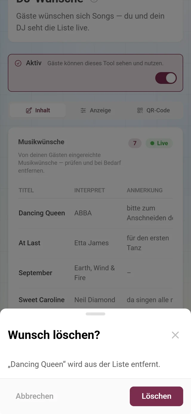 Rückfrage Wunsch löschen mit dem Titel des betroffenen Wunsches