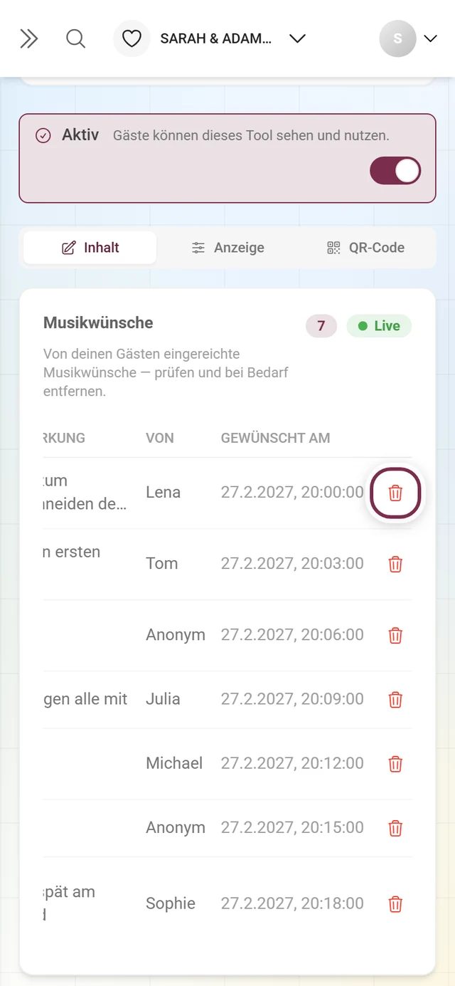 Wunschliste mit hervorgehobenem Papierkorb am Ende der ersten Zeile